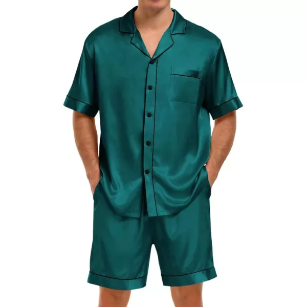 imageSWOMOG Men Satin Pajama Set 2 Pcs Loungewear Button Down Pjs Set Sleepwear ShortSleeve Top and Shorts with PocketsDeep Green