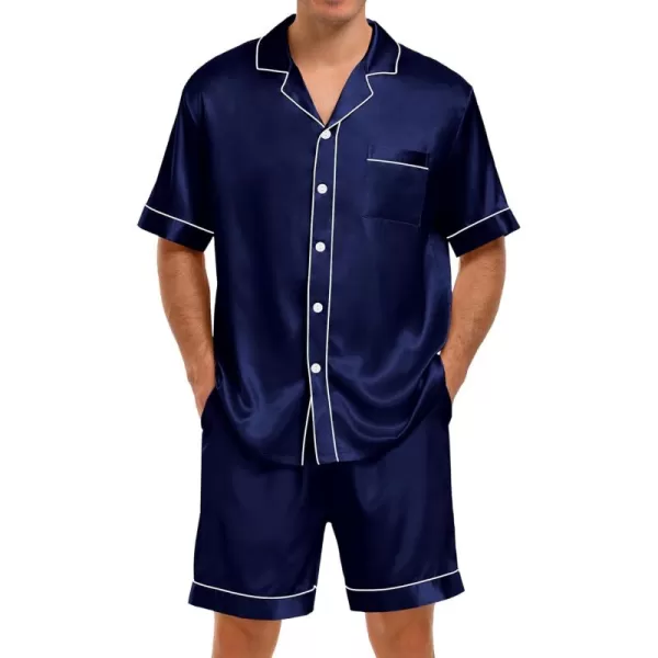 imageSWOMOG Men Satin Pajama Set 2 Pcs Loungewear Button Down Pjs Set Sleepwear ShortSleeve Top and Shorts with PocketsDeep Navy Blue