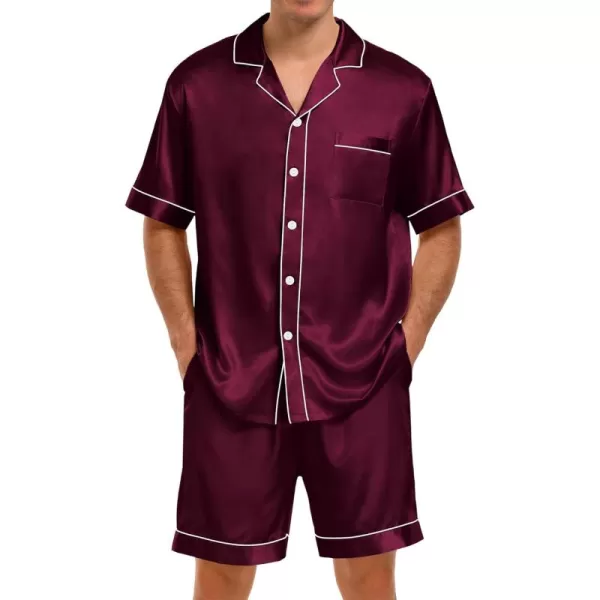 imageSWOMOG Men Satin Pajama Set 2 Pcs Loungewear Button Down Pjs Set Sleepwear ShortSleeve Top and Shorts with PocketsDeep Wine Red