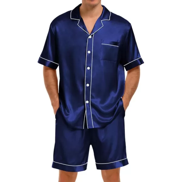 imageSWOMOG Men Satin Pajama Set 2 Pcs Loungewear Button Down Pjs Set Sleepwear ShortSleeve Top and Shorts with PocketsNavy Blue