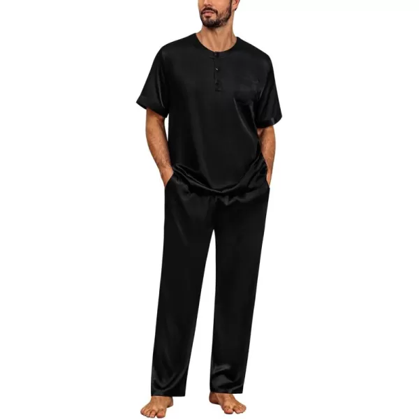 imageSWOMOG Men Satin Pajama Set Short Sleeve Pj Set 2 Pcs Loungewear Silk Sleepwear Half Button Down Long Pants with PocketsBlack