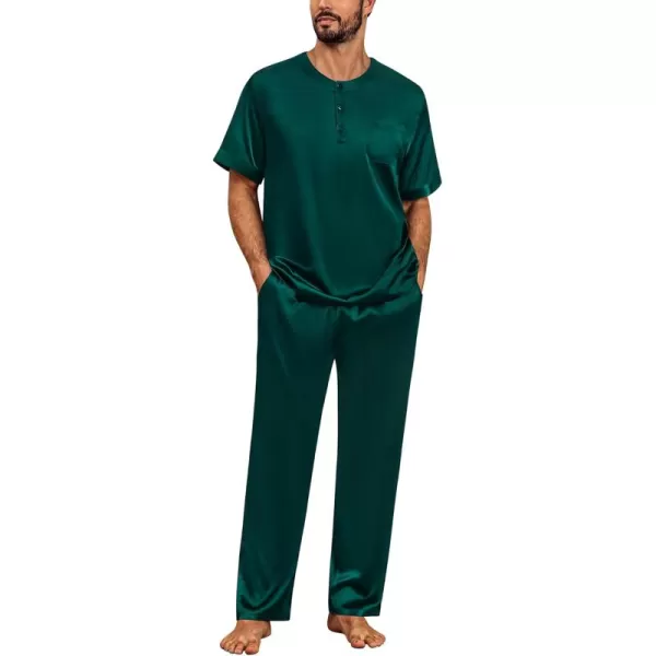 imageSWOMOG Men Satin Pajama Set Short Sleeve Pj Set 2 Pcs Loungewear Silk Sleepwear Half Button Down Long Pants with PocketsDeep Green