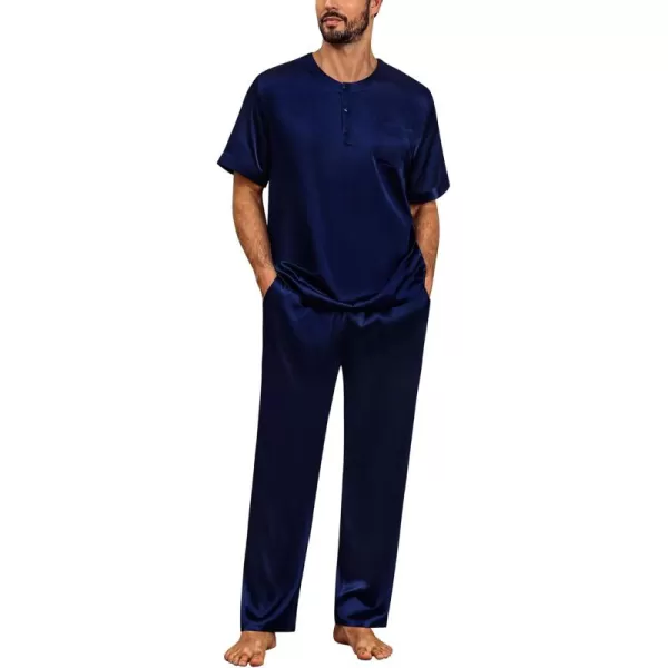 imageSWOMOG Men Satin Pajama Set Short Sleeve Pj Set 2 Pcs Loungewear Silk Sleepwear Half Button Down Long Pants with PocketsDeep Navy Blue