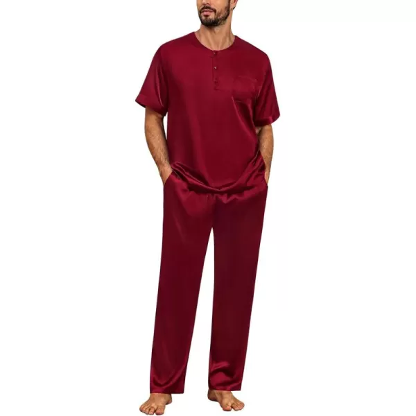 imageSWOMOG Men Satin Pajama Set Short Sleeve Pj Set 2 Pcs Loungewear Silk Sleepwear Half Button Down Long Pants with PocketsDeep Wine Red