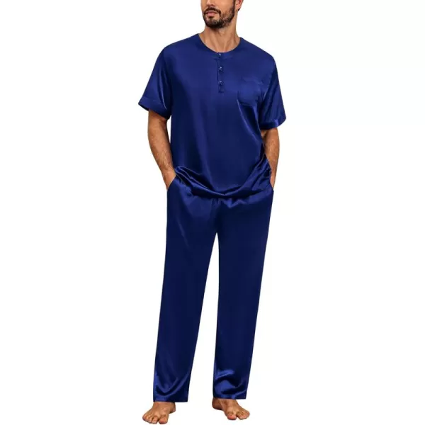 imageSWOMOG Men Satin Pajama Set Short Sleeve Pj Set 2 Pcs Loungewear Silk Sleepwear Half Button Down Long Pants with PocketsNavy Blue