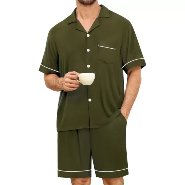 imageSWOMOG Mens Pajama Set Shorts Button Down Short Sleeve Sleepwear Soft Modal 2Pcs Pj Set with Pockets SXXLArmy Green