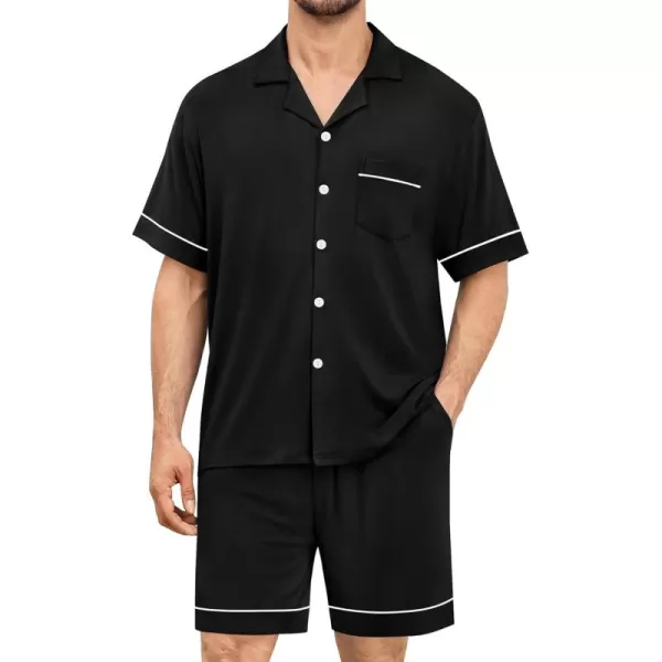 imageSWOMOG Mens Pajama Set Shorts Button Down Short Sleeve Sleepwear Soft Modal 2Pcs Pj Set with Pockets SXXLBlack