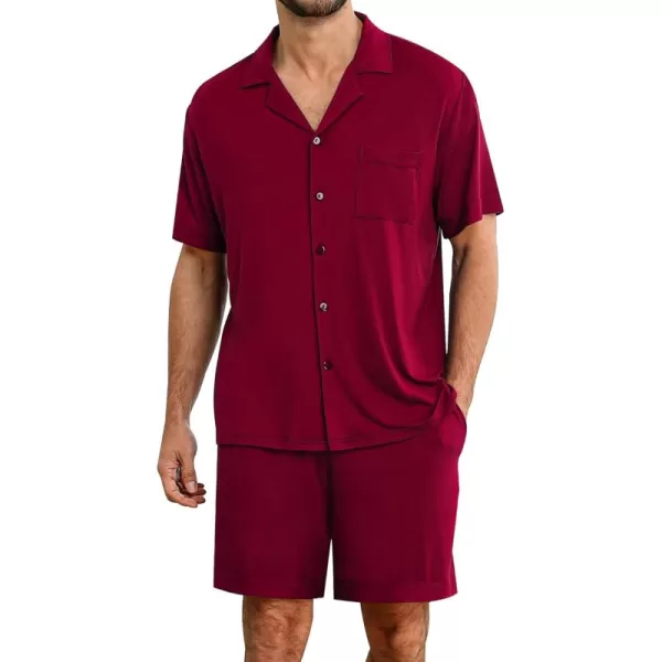 imageSWOMOG Mens Pajamas Set 2 PCS Short Sleeve Pajamas Button Doen Pjs Sets V Neck Casual Sleepwear Loungewear with PocketsWine Red