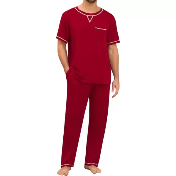 imageSWOMOG Mens Pajamas Set Modal Short Sleeve Sleepwear Crew Neck Pjs 2 Piece Loungewear Nightshirt Top ampamp Pants with PocketsWine Red