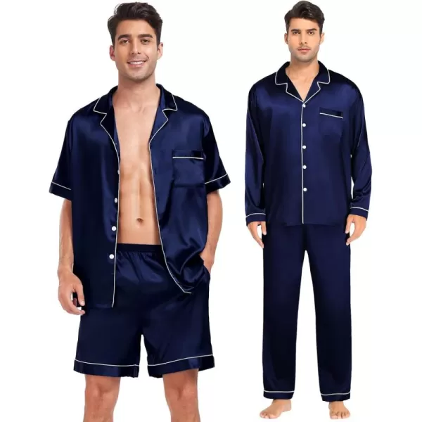 imageSWOMOG Mens Satin Silk Pajamas Set 3pcs Short Sleeve Sleepwear Silky Button Down Pjs Sets Classic Loungewear NightwearDark Navy Blue