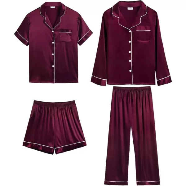 imageSWOMOG Mens Satin Silk Pajamas Set 3pcs Short Sleeve Sleepwear Silky Button Down Pjs Sets Classic Loungewear NightwearDark Wine Red