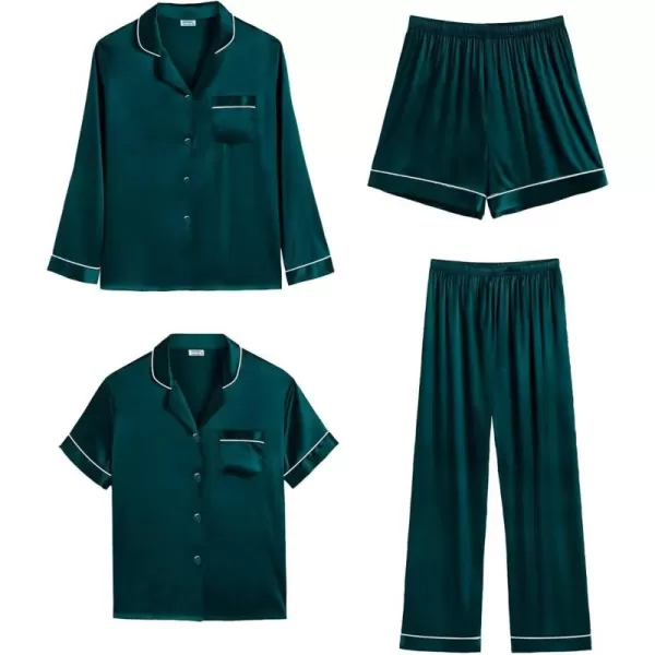 imageSWOMOG Mens Satin Silk Pajamas Set 3pcs Short Sleeve Sleepwear Silky Button Down Pjs Sets Classic Loungewear NightwearPiping Style Twodeep Green