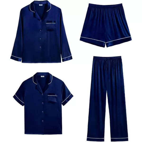 imageSWOMOG Mens Satin Silk Pajamas Set 3pcs Short Sleeve Sleepwear Silky Button Down Pjs Sets Classic Loungewear NightwearPiping Style Twodeep Navy Blue