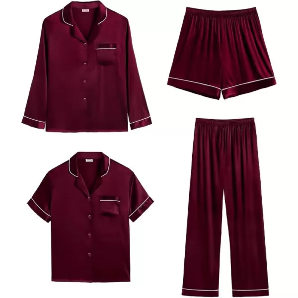 imageSWOMOG Mens Satin Silk Pajamas Set 3pcs Short Sleeve Sleepwear Silky Button Down Pjs Sets Classic Loungewear NightwearPiping Style Twodeep Wine Red