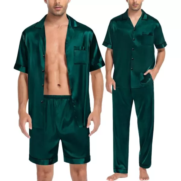 imageSWOMOG Mens Satin Silk Pajamas Set 3pcs Short Sleeve Sleepwear Silky Button Down Pjs Sets Classic Loungewear NightwearThree Pcsdeep Green