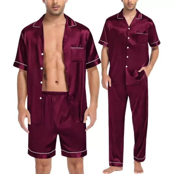 imageSWOMOG Mens Satin Silk Pajamas Set 3pcs Short Sleeve Sleepwear Silky Button Down Pjs Sets Classic Loungewear NightwearThree Pcsdeep Wine Red