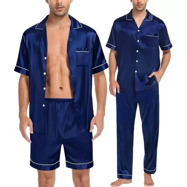 imageSWOMOG Mens Satin Silk Pajamas Set 3pcs Short Sleeve Sleepwear Silky Button Down Pjs Sets Classic Loungewear NightwearThree Pcsnavy Blue