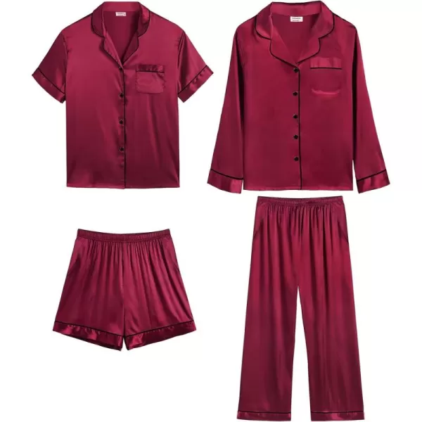 imageSWOMOG Mens Satin Silk Pajamas Set 3pcs Short Sleeve Sleepwear Silky Button Down Pjs Sets Classic Loungewear NightwearWine Red