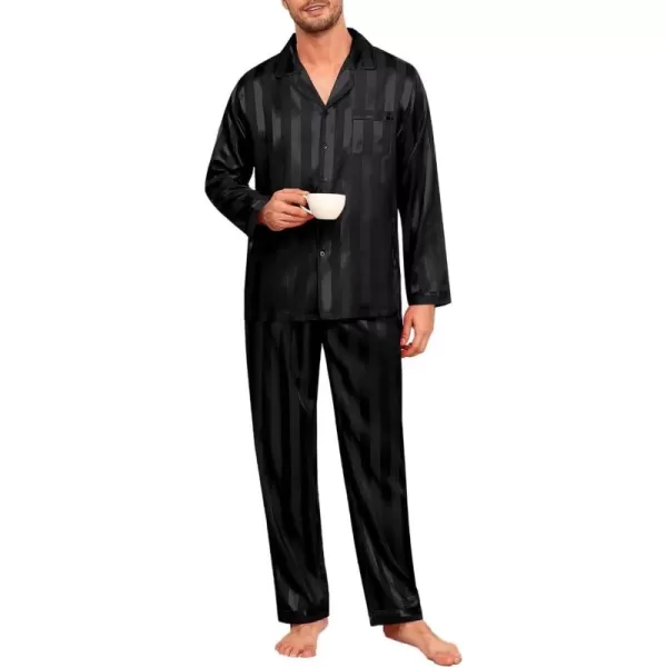 imageSWOMOG Mens Silk Satin Pajamas Set Long Sleeve Sleepwear ButtonDown Pj Twopiece Loungewear with Long Pants SXXLBlack Stripe