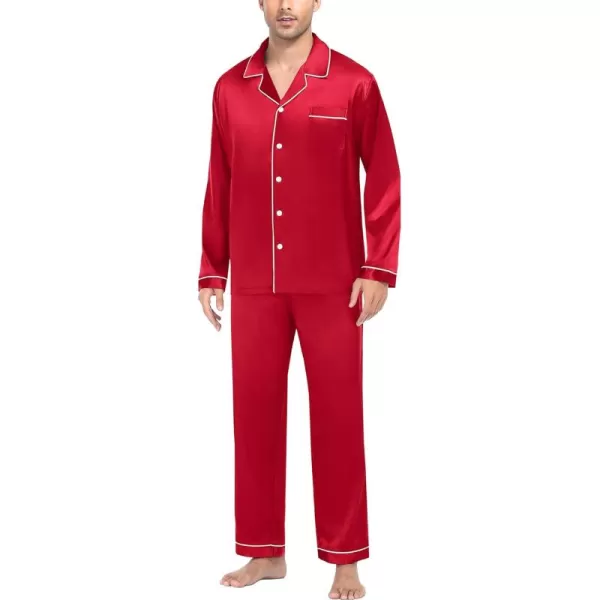 imageSWOMOG Mens Silk Satin Pajamas Set Long Sleeve Sleepwear ButtonDown Pj Twopiece Loungewear with Long Pants SXXLChristmas Red