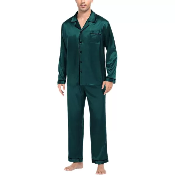 imageSWOMOG Mens Silk Satin Pajamas Set Long Sleeve Sleepwear ButtonDown Pj Twopiece Loungewear with Long Pants SXXLDeep Green