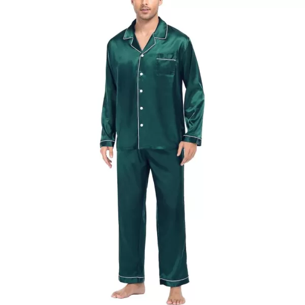 imageSWOMOG Mens Silk Satin Pajamas Set Long Sleeve Sleepwear ButtonDown Pj Twopiece Loungewear with Long Pants SXXLGreen