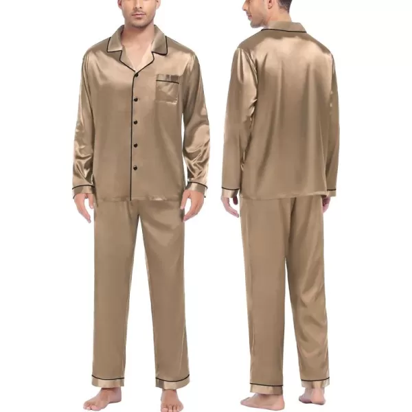 imageSWOMOG Mens Silk Satin Pajamas Set Long Sleeve Sleepwear ButtonDown Pj Twopiece Loungewear with Long Pants SXXLOpaue Couche