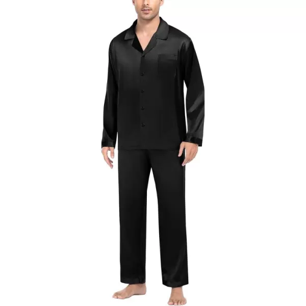 imageSWOMOG Mens Silk Satin Pajamas Set Long Sleeve Sleepwear ButtonDown Pj Twopiece Loungewear with Long Pants SXXLPure Black