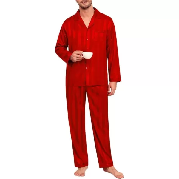 imageSWOMOG Mens Silk Satin Pajamas Set Long Sleeve Sleepwear ButtonDown Pj Twopiece Loungewear with Long Pants SXXLRed Stripe