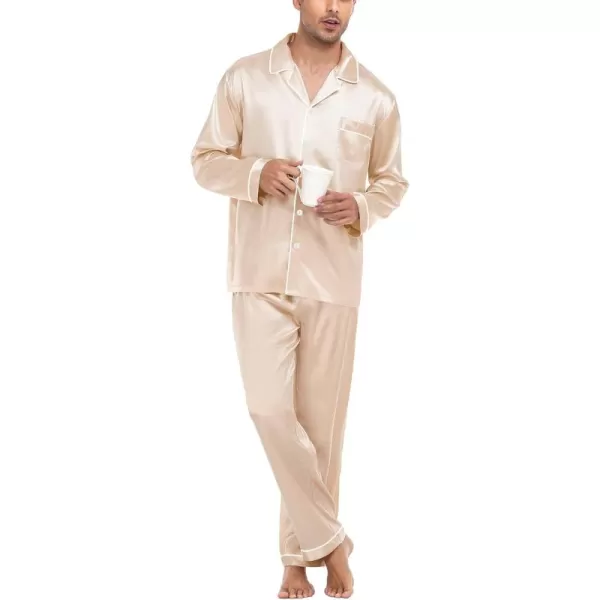 imageSWOMOG Mens Silk Satin Pajamas Set Long Sleeve Sleepwear ButtonDown Pj Twopiece Loungewear with Long Pants SXXLWhite Piping Champagne