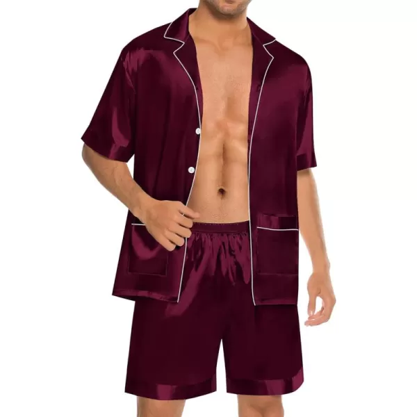 imageSWOMOG Mens Silky Pajama Set 2PCS  3PCS Short Sleeve Soft Satin Sleepwear Button Down Pj SetDeep Wine Red 2 Pcs