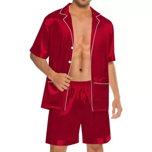 imageSWOMOG Mens Silky Pajama Set 2PCS  3PCS Short Sleeve Soft Satin Sleepwear Button Down Pj SetRed 2 Pcs