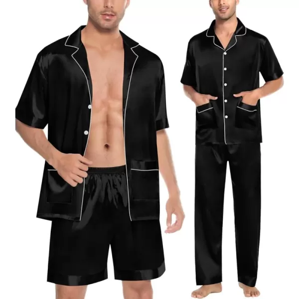 imageSWOMOG Mens Silky Pajama Set 2PCS  3PCS Short Sleeve Soft Satin Sleepwear Button Down Pj SetZ  Black 3 Pcs