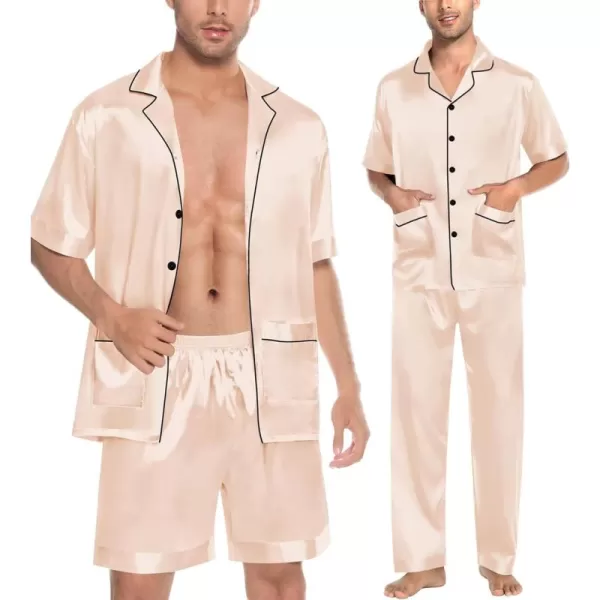 imageSWOMOG Mens Silky Pajama Set 2PCS  3PCS Short Sleeve Soft Satin Sleepwear Button Down Pj SetZ  Champagne 3 Pcs