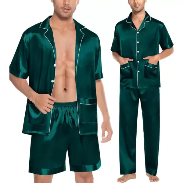 imageSWOMOG Mens Silky Pajama Set 2PCS  3PCS Short Sleeve Soft Satin Sleepwear Button Down Pj SetZ  Deep Green 3 Pcs