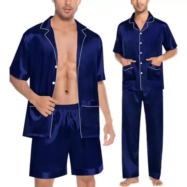 imageSWOMOG Mens Silky Pajama Set 2PCS  3PCS Short Sleeve Soft Satin Sleepwear Button Down Pj SetZ  Deep Navy Blue 3 Pcs