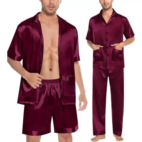 imageSWOMOG Mens Silky Pajama Set 2PCS  3PCS Short Sleeve Soft Satin Sleepwear Button Down Pj SetZ  Deep Wine Red 3 Pcs