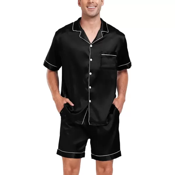 imageSWOMOG Couple Matching Pajamas Sets Women ampamp Men Button Down Silk Pjs Short Sleeve Soft Lounge Sets 2 Pcs LoungewearBlack
