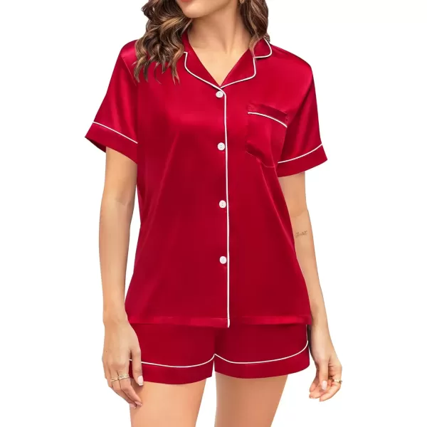 imageSWOMOG Couple Matching Pajamas Sets Women ampamp Men Button Down Silk Pjs Short Sleeve Soft Lounge Sets 2 Pcs LoungewearLight Red