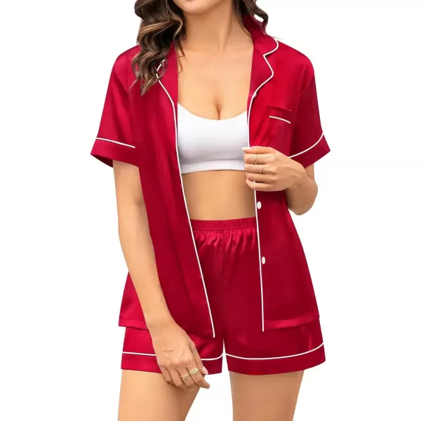 imageSWOMOG Couple Matching Pajamas Sets Women ampamp Men Button Down Silk Pjs Short Sleeve Soft Lounge Sets 2 Pcs LoungewearLight Red