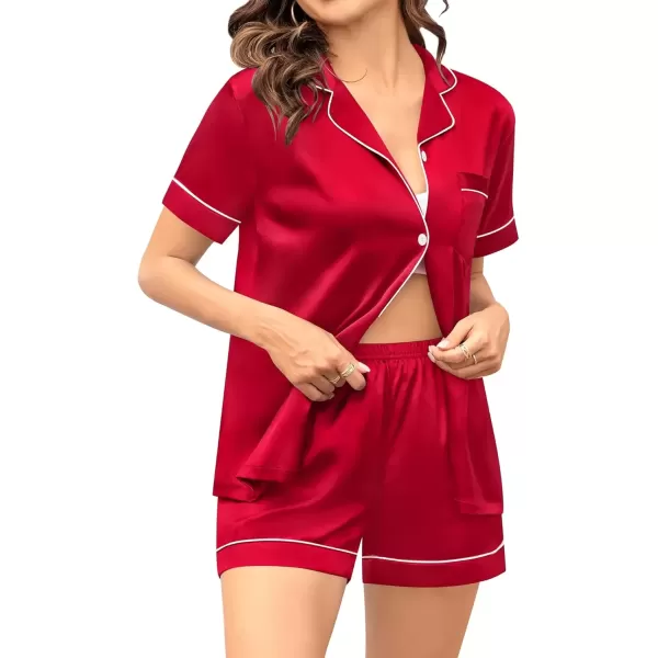 imageSWOMOG Couple Matching Pajamas Sets Women ampamp Men Button Down Silk Pjs Short Sleeve Soft Lounge Sets 2 Pcs LoungewearLight Red