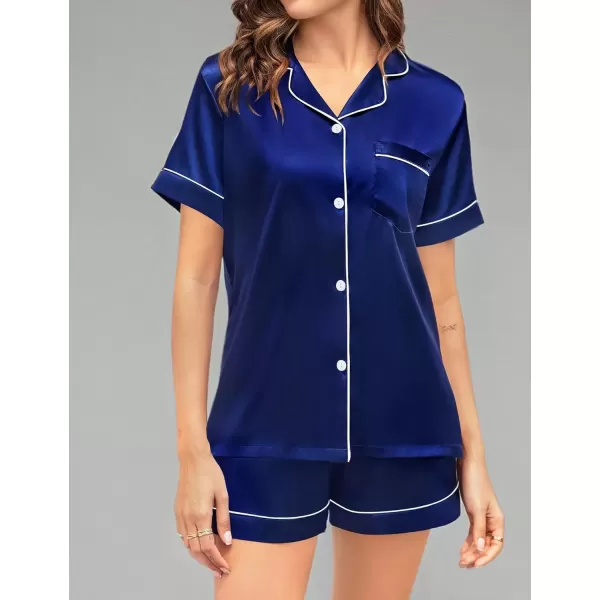 imageSWOMOG Couple Matching Pajamas Sets Women ampamp Men Button Down Silk Pjs Short Sleeve Soft Lounge Sets 2 Pcs LoungewearNavy Blue