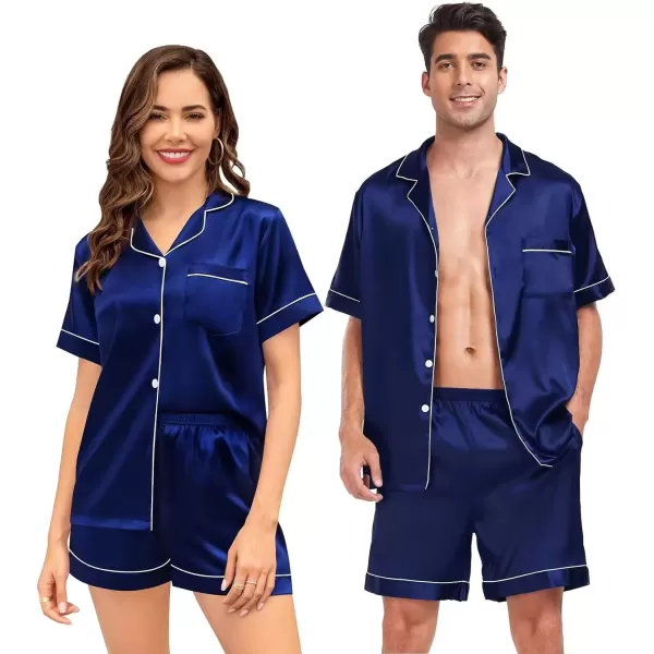 imageSWOMOG Couple Matching Pajamas Sets Women ampamp Men Button Down Silk Pjs Short Sleeve Soft Lounge Sets 2 Pcs LoungewearNavy Blue