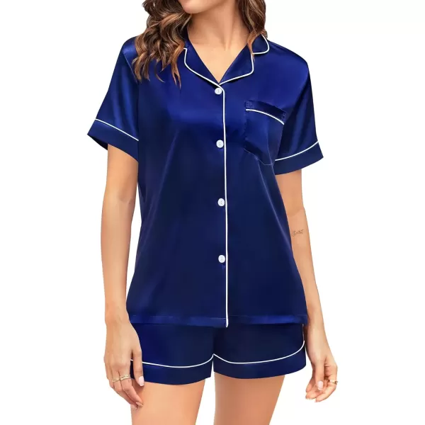 imageSWOMOG Couple Matching Pajamas Sets Women ampamp Men Button Down Silk Pjs Short Sleeve Soft Lounge Sets 2 Pcs LoungewearNavy Blue