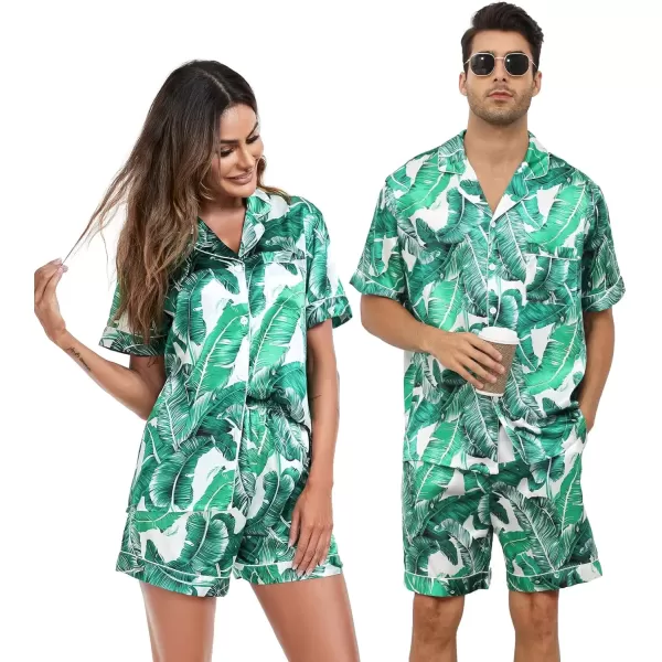 imageSWOMOG Couple Matching Pajamas Sets Women ampamp Men Button Down Silk Pjs Short Sleeve Soft Lounge Sets 2 Pcs LoungewearWhite Leaves