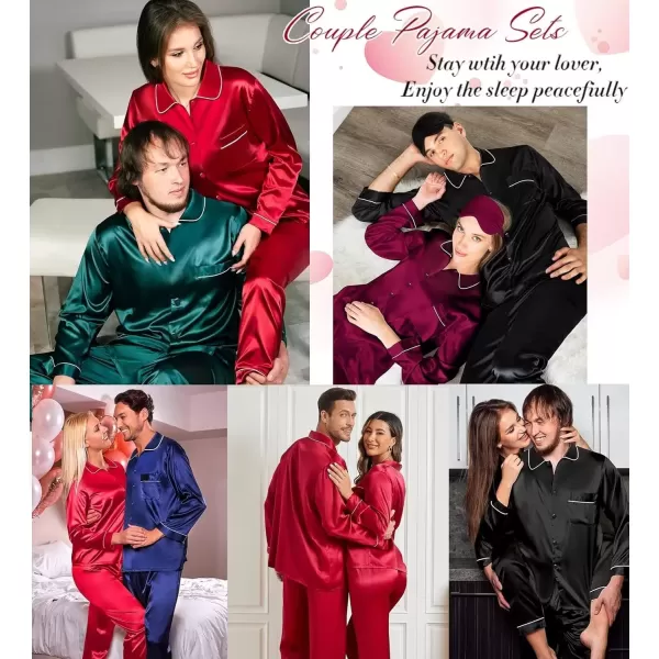 imageSWOMOG Couple Silk Satin Pajamas Set 2Pcs Matching Famliy Sleepwear Button Down Loungewear Men ampamp Women Pjs with PantsBlack