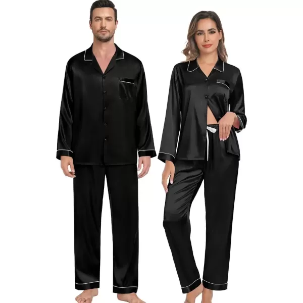 imageSWOMOG Couple Silk Satin Pajamas Set 2Pcs Matching Famliy Sleepwear Button Down Loungewear Men ampamp Women Pjs with PantsBlack