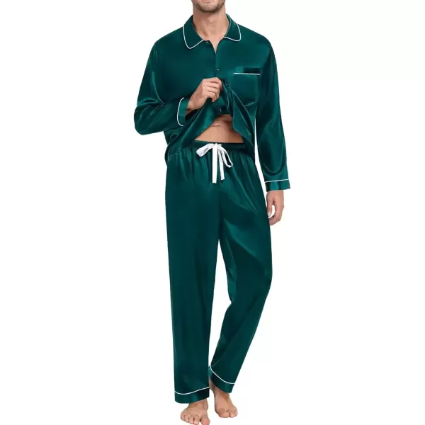 imageSWOMOG Couple Silk Satin Pajamas Set 2Pcs Matching Famliy Sleepwear Button Down Loungewear Men ampamp Women Pjs with PantsDark Green