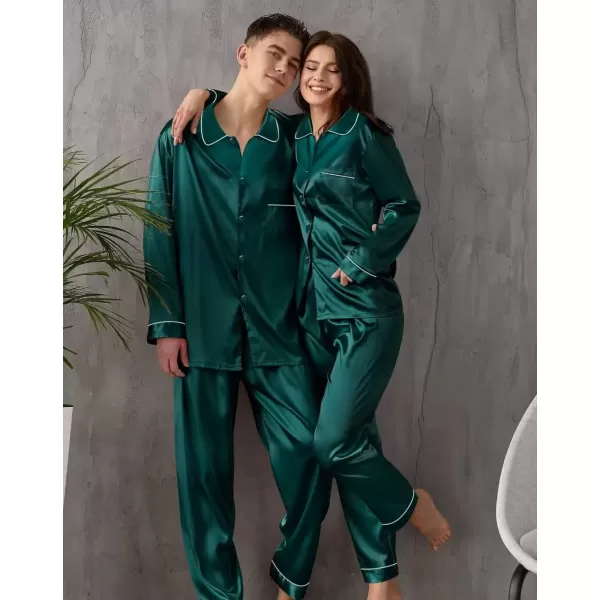 imageSWOMOG Couple Silk Satin Pajamas Set 2Pcs Matching Famliy Sleepwear Button Down Loungewear Men ampamp Women Pjs with PantsDark Green