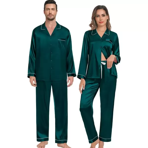 imageSWOMOG Couple Silk Satin Pajamas Set 2Pcs Matching Famliy Sleepwear Button Down Loungewear Men ampamp Women Pjs with PantsDark Green